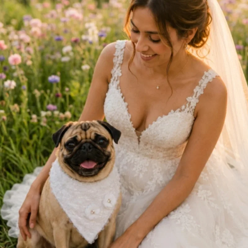 A bride in white holding her pug, who wears the bridal bandana