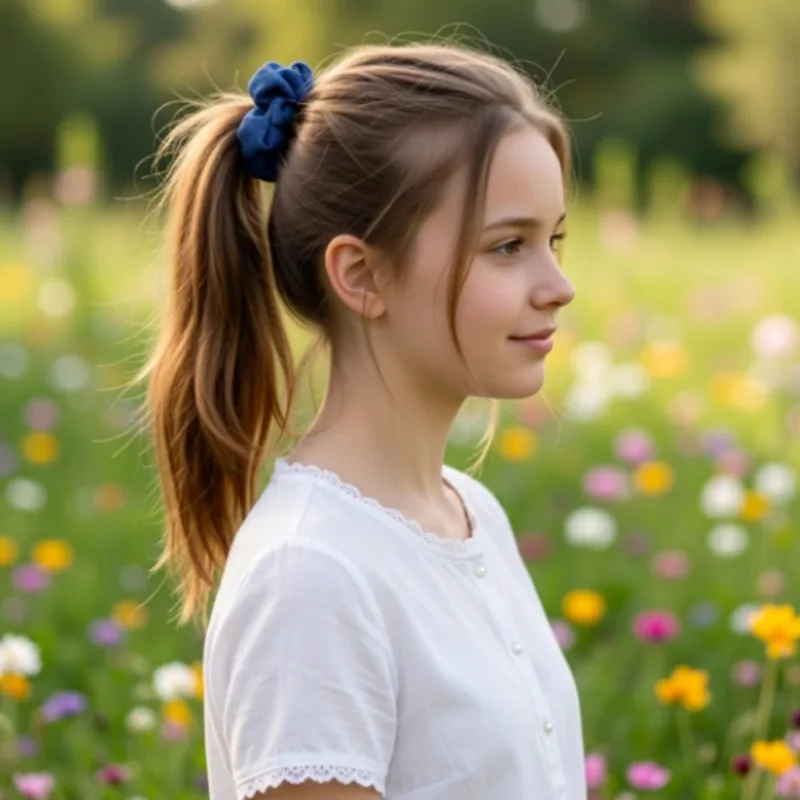 A woman wearing the soft denim scrunchie
