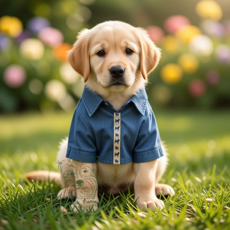 A labrador puppy in the soft denim shirt